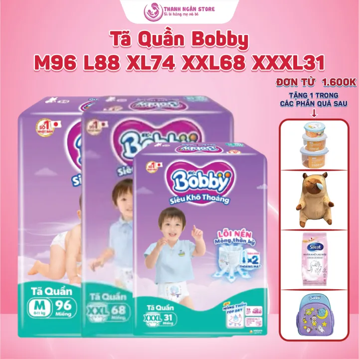 Bỉm Tã Quần BOBBY ULTRA Đủ Size M96 L88 XL74 XXL68 XXXL31 - Quần Bobby Tím Chính Hãng Unicharm
