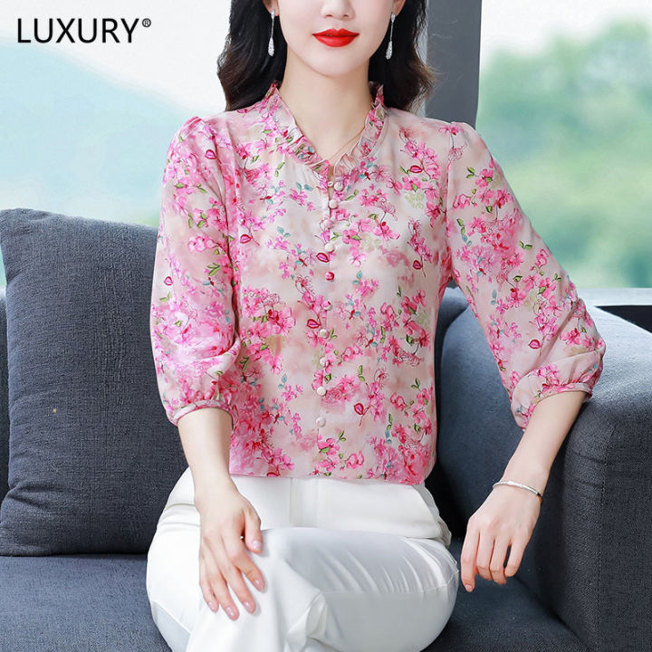 LUXURY Queen Chiffon Blouse New Vintage Hong Kong Style Temperament Top for  Women's Versatile Loose Cover