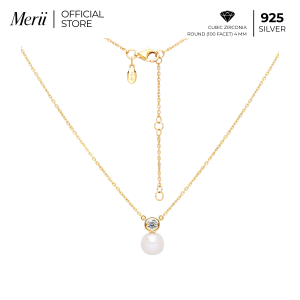 Merii สร้อยคอเงินชุบทองคำ 23K หรือชุบโรเดียม ประดับไข่มุกน้ำจืดและ CZ ทรง Round Cut สไตล์คลาสสิก