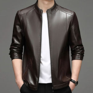 Mens Stand Collar Leather Jacket Sheepskin Plush Coat Short Leather Jacket