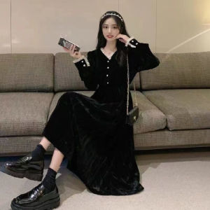 Sweet Korean Dress Elegant Tunic Mid Length Dress Black V Neck Dress Female Dinner Party