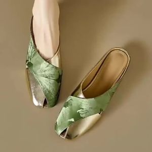 [FreeShipping] New Chinese-style womens summer soft leather mule sandals with color-blocking square toe and hollowed-out flat sole