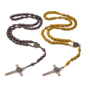 MILAN Wood Handmade Rosary Necklace Car Hanging Ornament Religious Crucifix Pendant Chain Party Jewelry Mellow Wood Beads Necklace Women