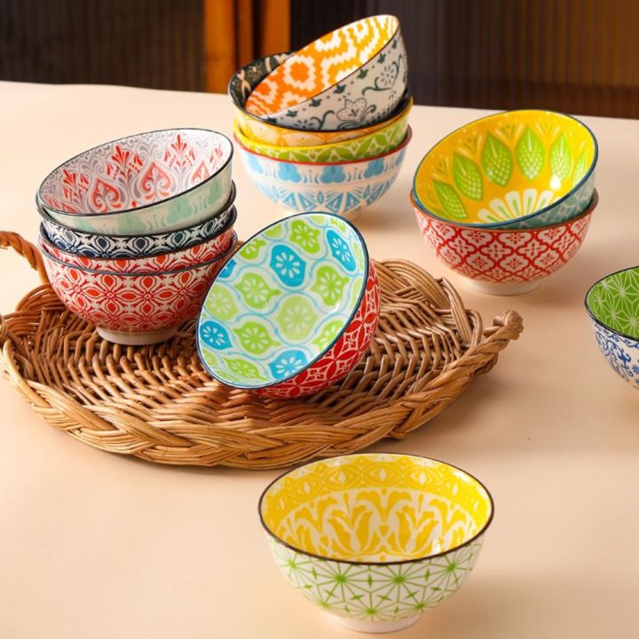 DGTHE Colored Bohemian Rice Bowl Underglaze Round Noodle Bowl Colored ...