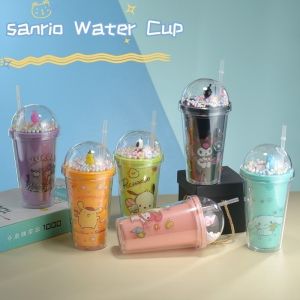 450ml Cute Kuromi My Melody Straw Water Cup Cartoon Flip Cap Large Capacity Transparent Water Bottle Portable Sports Mug Girl Birthday Gifts