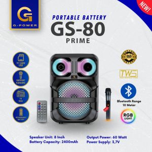 G-POWER GS-80 Prime Portable Bluetooth Speaker with RGB Light & Wireless Mic - 8 Inch