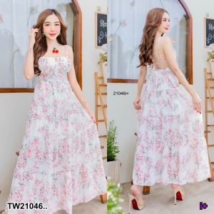 B21046 เดรสยาว แขนใส่ห่วง กระโปรงระบาย 4 ชั้นLong dress looped sleeves 4-layer ruffle skirt.