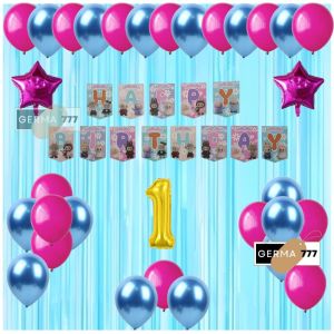 Set Pesta Dekorasi Banner Happy Birthday Labubu Balon Pink Biru Muda Ulang Tahun Anak Cewek