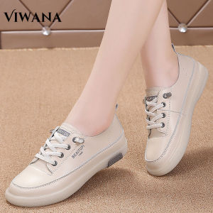 VIWANA รองเท้าส้นเตี้ยผู้หญิงรองเท้าผ้าใบหนังแท้รองเท้าลําลองพื้นรองเท้านิ่มแฟชั่นเกาหลีปี2022รองเท้าใส่สบายดีไซน์ใหม่