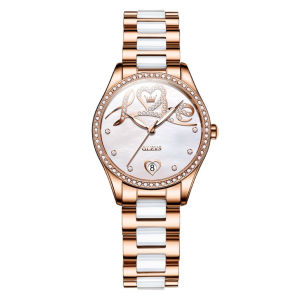 OLEVS 6686 Women Fashion Mechanical Watch Gift Ceramic Watchband Round-dial Wristwatch Calendar