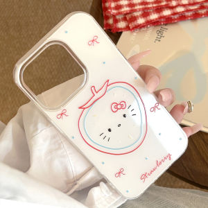 Cute Strawberry Cat Phone Case For iPhone 17 AIR 16 Pro Max with Strap 15 with Strap 14 13 12 11 XR 8 7 Plus White Clear Painted DIY Shockproof Cover