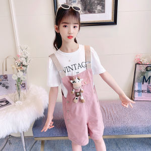 สปอตสินค้า ชุดเอี๊ยมสาว กางเกงเด็กหญิง การตกแต่การ์ตูนลูกวัวน่ารัก ชุดเอี๊ยมเด็กโตแขนสั้นสไตล์เกาหลี2ชิ้น