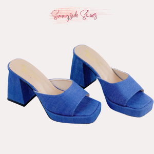 Dép nữ cao gót đúp vuông 9p quai bản lớn chất liệu vải jean xanh trẻ trung - G49