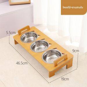 SKISOPGO ชามอาหารแมว ชามอาหารสัตว์เลี้ยง สแตนเลส สามชาม การออกแบบเอียง ชั้นวางไม้แบบพกพา มั่นคง