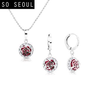 SO SEOUL Camellia Rose White Ruby Flower Diamond Simulant Zirconia Hoop Earrings with Pendant Necklace Jewelry Gift Set