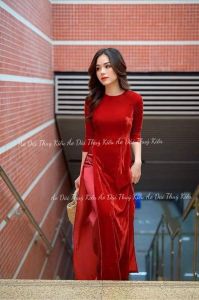 Áo dài Nhung Thiết kế cao cấp màu Đỏ Tươi hàng có sẵn áo dài Thúy Kiều đẹp rẻ ảnh thật tự chụp