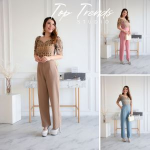 T-JL01 Jumpsuit จั้มสูทขายาว ลูกไม้ลายมงกุฎ (M34-38”) ชุดผู้หญิง ชุดออกงานหรูๆ ชุดทํางาน แฟชั่นผู้หญิง2022