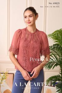 69829 เสื้อ A La Carte ชีฟอง คอกลมแต่งทริม แขนสั้นแฟร์ เนื้อผ้ามีจุดในตัว แต่งผ้าลูกไม้เนื้อทอใหม่ มีซับใน ใส่สบาย by PENNY CLOTH สีปูนสีจริงเข้มกว่าในวีดีโอค่ะ