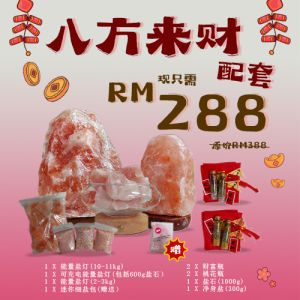 Set Kombo 288 | Lampu Garam / Salt Himalayan 10kg & 2-3kg + Lampu Boleh Dicas semula + Botol Kekayaan & Cinta + 1000g Batu Garam + 300g Garam Mandian Hiasan Fengshui