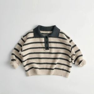 Trendy Childrens Striped Sweater 2026 Spring and Autumn Boys Girls Turn-down Collar Long Sleeve Knit Tops Kids Casual Clothes2026