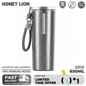 HoneyLion - 650ml Seamless Vacuum Flask 316 Stainless Steel Insulated Cup Leakproof Coffee Tumbler with Carry Strap
