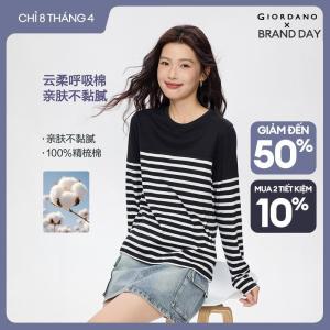 Áo thun nữ T-shirt cổ tròn tay áo dài thiết kế sọc ngang xẻ tà hai bên chất vải cotton thuận mềm mại trẻ trung thường ngày thu đông GIORDANO Free Shipping 13322802