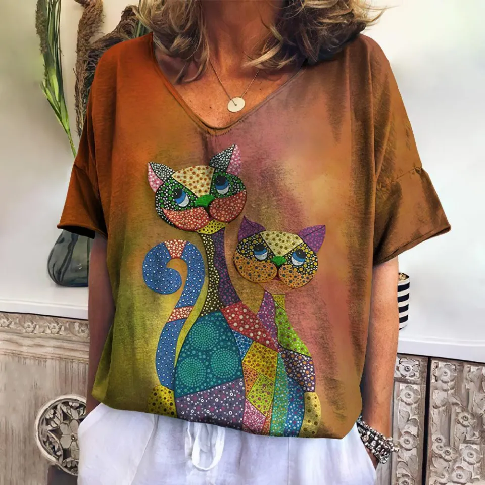 Women's T-shirt 3d Cute Cat Print V-neck Tops Summer Kawaii Animal  Short-sleeved Fashion Loose Large Size Women's Tops
