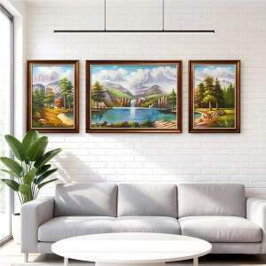 3 Pieces Framed Landscape Wall Art Vintage European Cottage Lake Scenery Triptych Canvas Painting Ready To Hang For Living Room Decor