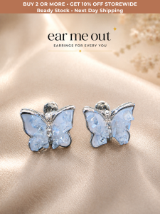 [SG] Crystal Butterfly Stud Earrings | Frosted Blue Butterfly Earrings | Elegant Everyday Studs | Delicate Nature Inspired Jewellery - ear me out (EMO-72)