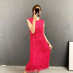 [NOVA quality] Miyake pleated fringed cake skirt dress women  summer temperament and fashionable solid color sleeveless slim slim dress
