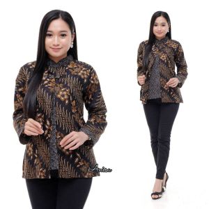 BATIK COUPLE SANIA RUFFLE MOTIF LIRIS SOGAN SIZE M L XL XXL 4L 5L 6L // ATASAN BATIK JUMBO BLOUSE TUNIK