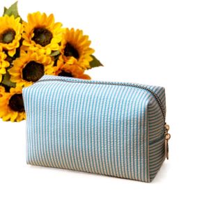 FWFHTP Striped Makeup Bag Zipper Closure Soft Seersucker Fabric Cosmetic Pouch Portable Large Capacity Toiletry Pouch School Supplies