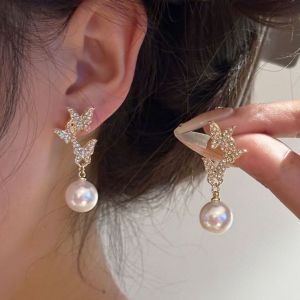 GL 18K gold plating Three butterfly pearl tassel style earrings ES69628