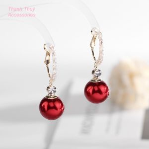 Bông tai nữ ngọc trai đỏ nhân tạo size đại mạ vàng thật đính đá zircon siêu sáng