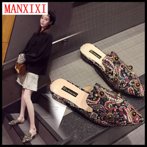 MANXIXI Brand Korean Version Slippers Fashion Mules Shoes Beautiful Pearl Inlay Young Style Flat Sandals For Women (35-39 Size)