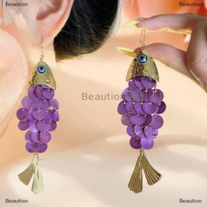 [COD] Beaution Exaggerated Round Scaly Tassel Fish Pendant Earrings Retro Personalized Jewelry For Women Gift