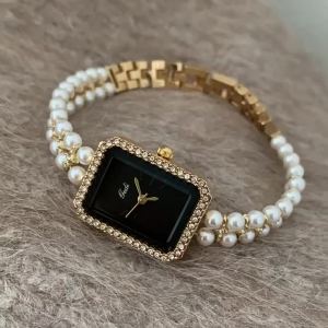 HandsMood Pearl Chain Black Gold Fashionable Square Dial Womens Watch Elegant Personality Quartz Movement Metal Shell Glass Mirror