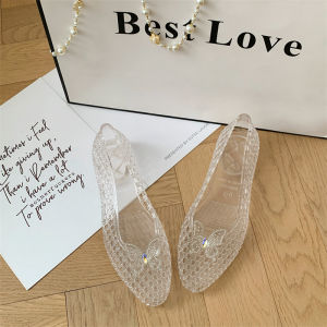 [Free Shipping] Korean Style Ins Rhinestone Transparent Butterfly Pointed Jelly Shoes Shallow Single Shoes Transparent Perforated Shoes Crystal Sandals For Women