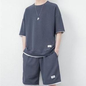 LJ- Men Short Sleeves Shirt Short Pant Casual Set Waffle Loose Street Wear Sports Clothes 休闲套装男衣服裤子假两件