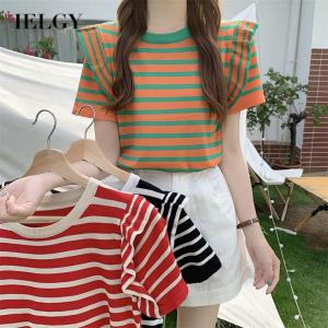 IELGY Korean style contrast striped short-sleeved round neck knitted T-shirt for women