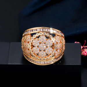 SEQUITO Valuable Hollow Out Wide Ring Micro Pave Tiny Sparkling CZ Zirconia Crystal Women Dubai Style Yellow Gold Color Finger Jewelry for Pageant Celebration  SR110