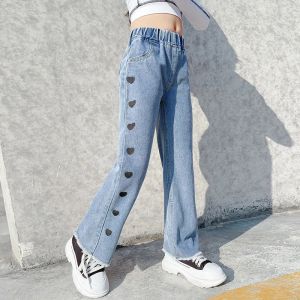 กางเกงยีนส์ขาใหญ่สำหรับเด็กผู้หญิง กางเกงยีนส์ขากว้างสำหรับเด็กเกาหลีอายุ9-10ปี