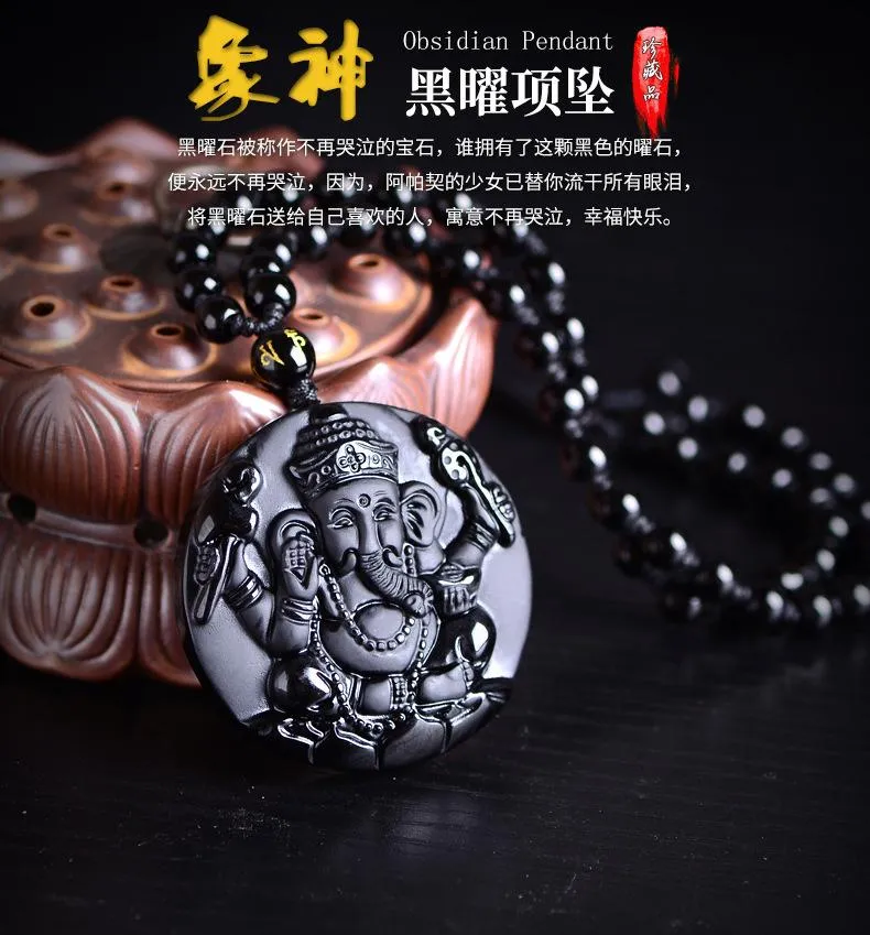Natural Black Obsidian Elephant Ganesha Carved Stone Pendant - Protective Talisman Jewelry - View #5