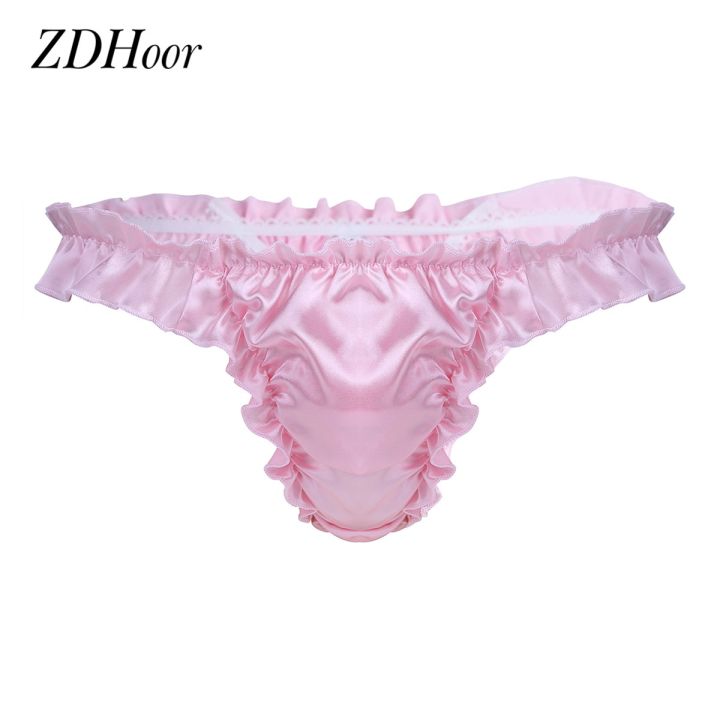 Sexy Gay Mens Briefs Thong Panties Mens Ruffled Frilly Satin Sissy