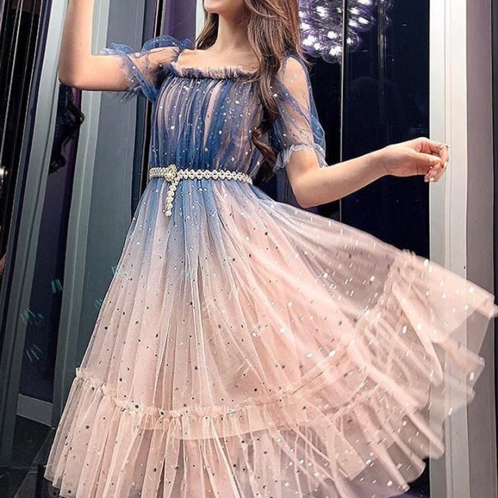 French Summer Sequins Dress Women 2021 Summer Elegant Designer Square Collar Midi Dress Party Y2k Clothes One Piece Dress Korean Lazada PH