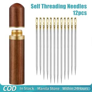 12 Pcs Self Threading Sewing Needles Elderly Needle Side Hole Blind Needle with Wooden Needle Case