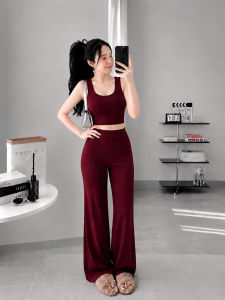 Set áo croptop cổ vuông sát nách kèm quần dài ống rộng KVYBODY S63 chất thun cotton borip lụa đày mịn co giãn