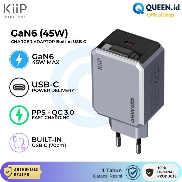 KIIP C42E Charger Adaptor GaN6 45W PD QC USB TYPE C Built-in