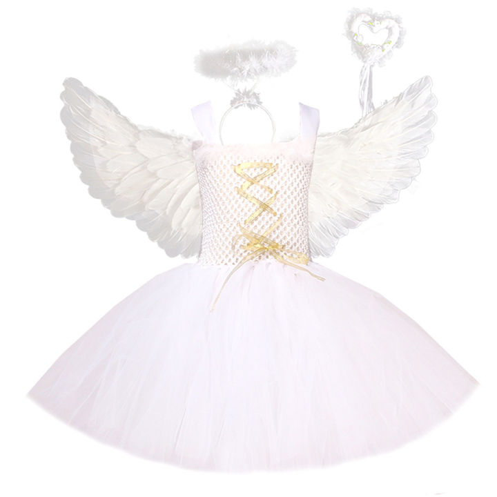 White Angel Tutu Costume for Girls Princess Fairy Cosplay Dress with