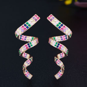 SEQUITO Hot Selling Gold Plated Full Inlaid Colorful Cubic Zircon Long Spiral Stud Earring Women Trendy Rainbow Party Jewelry for Nightclub SE632